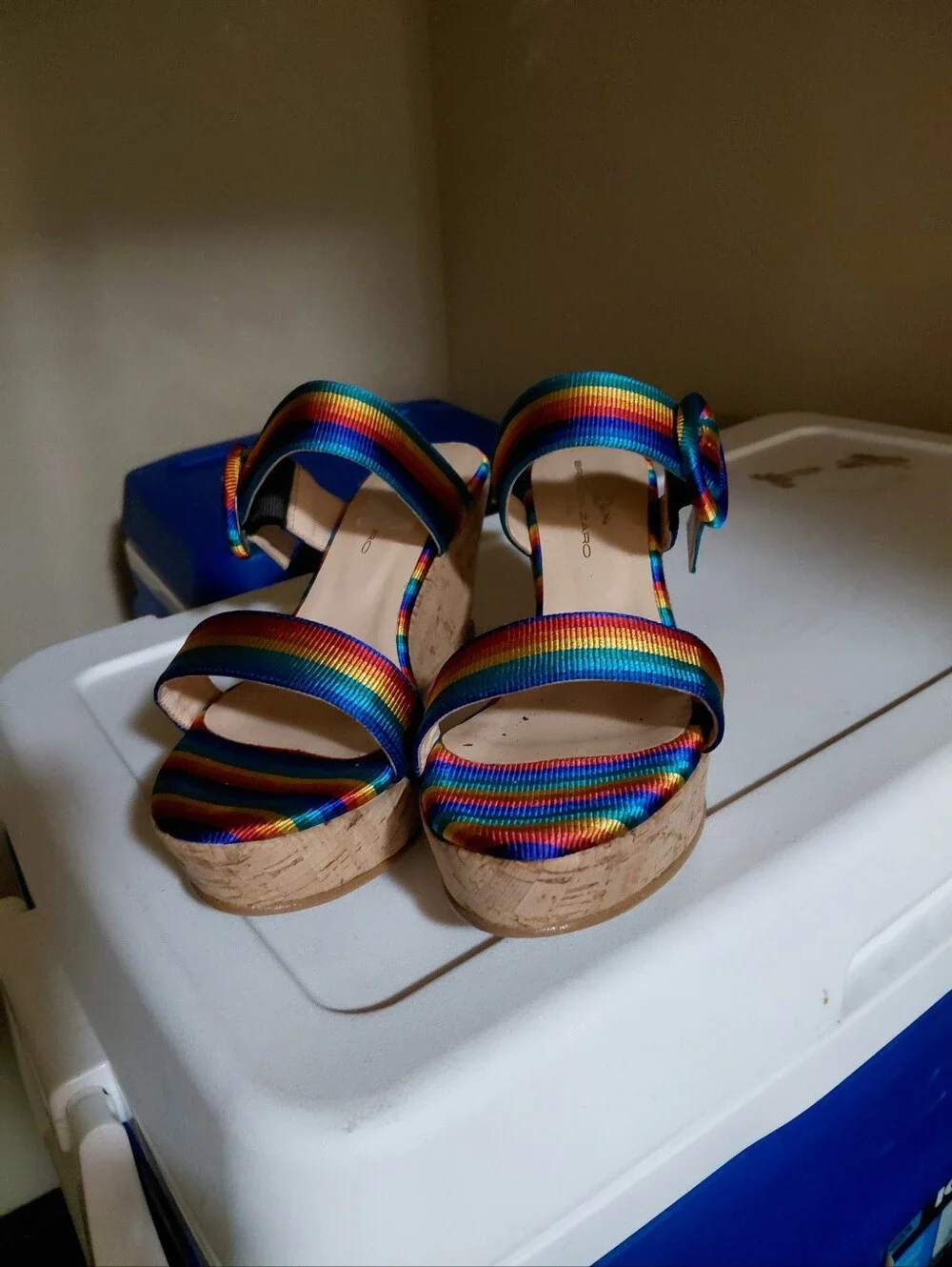 Women’s Rainbow Stripe Cork Wedge Sandals